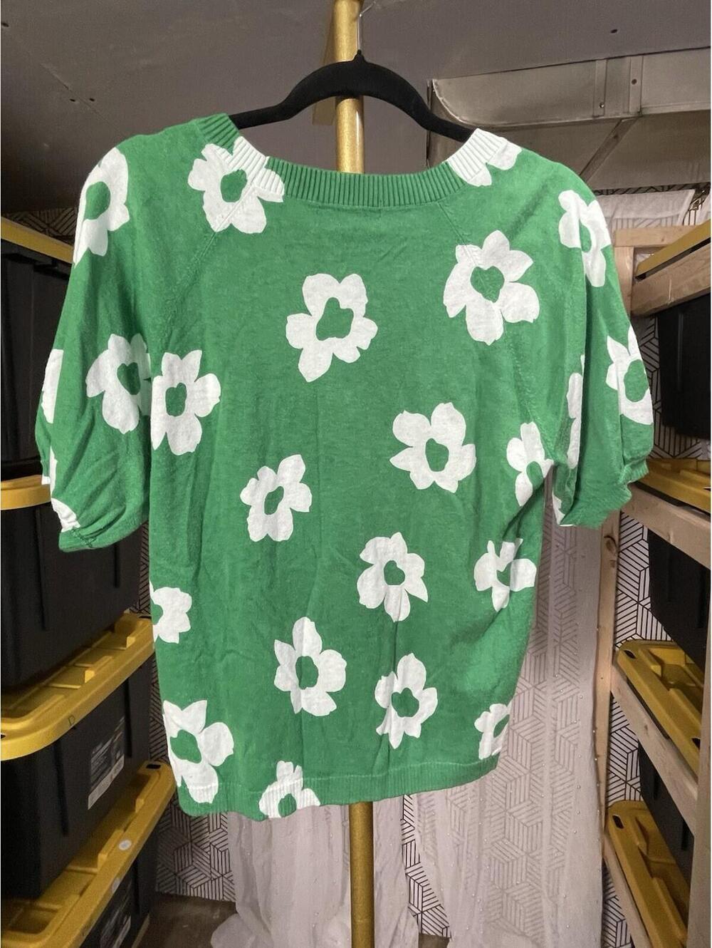 Sanctuary Sunny Days Flower Daisy Short Sleeve Sweater Green White Knit Size M
